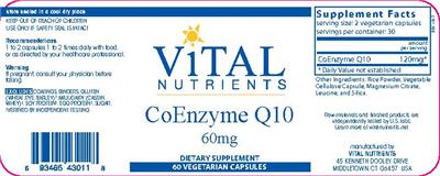 Photo of the Vital Nutrients CoEnzyme Q10 60 mg label