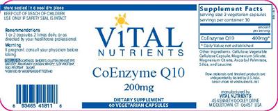 Photo of the Vital Nutrients CoEnzyme Q10 200 mg label