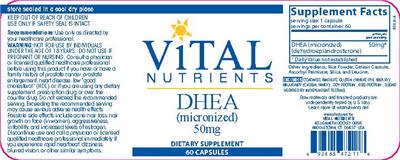Photo of the Vital Nutrients DHEA (Micronized) 50 mg label