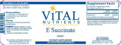 Photo of the Vital Nutrients E Succinate 400 IU label