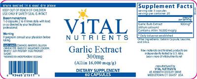 Photo of the Vital Nutrients Garlic Extract 300 mg label