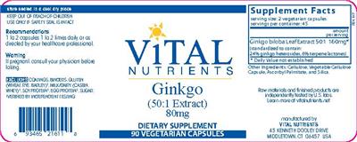 Photo of the Vital Nutrients Ginkgo (50:1 Extract) 80 mg label