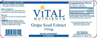 Photo of the Vital Nutrients Grape Seed Extract 100 mg label