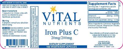 Photo of the Vital Nutrients Iron Plus C label
