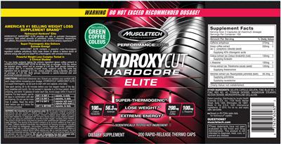 Photo of the MuscleTech Performance Series Hydroxycut Hardcore Elite label