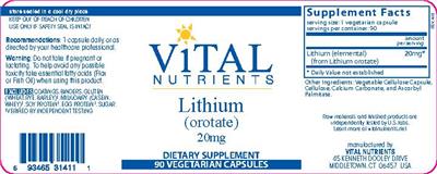 Photo of the Vital Nutrients Lithium (Orotate) 20 mg label