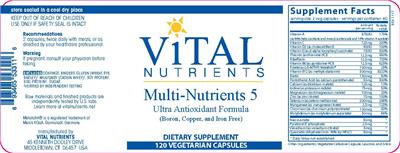 Photo of the Vital Nutrients Multi-Nutrients 5 (Boron, Copper, and Iron Free) label