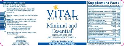 Photo of the Vital Nutrients Minimal and Essential label