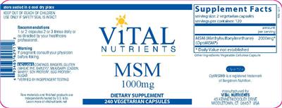 Photo of the Vital Nutrients MSM 1000 mg label