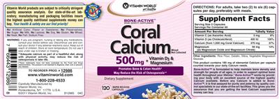 Photo of the Vitamin World Bone-Active Coral Calcium 500 mg + Vitamin D3 & Magnesium label