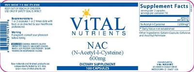 Photo of the Vital Nutrients NAC 600 mg label