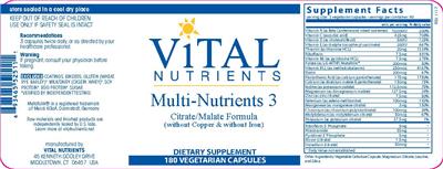 Photo of the Vital Nutrients Multi-Nutrients 3 (without Copper & without Iron) label