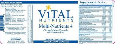 Photo of the Vital Nutrients Multi-Nutrients 4 (with Copper & Iron) label