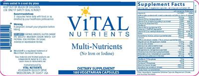 Photo of the Vital Nutrients Multi-Nutrients (No Iron or Iodine) label