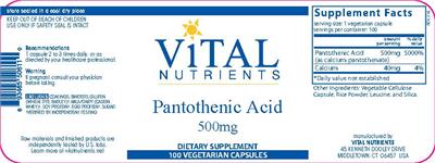 Photo of the Vital Nutrients Pantothenic Acid 500 mg label