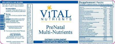 Photo of the Vital Nutrients PreNatal Multi-Nutrients label