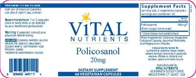Photo of the Vital Nutrients Policosanol 20 mg label