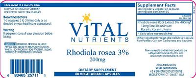 Photo of the Vital Nutrients Rhodiola Rosea 3% 200 mg label