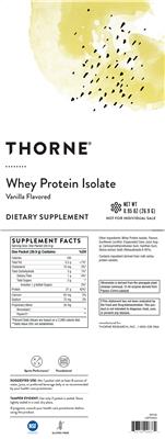 Photo of the Thorne Whey Protein Isolate Vanilla Flavored label