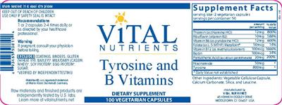 Photo of the Vital Nutrients Tyrosine and B Vitamins label