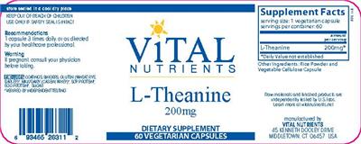 Photo of the Vital Nutrients L-Theanine 200 mg label
