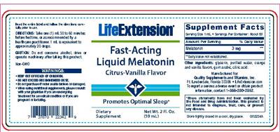Photo of the Life Extension Fast-Acting Liquid Melatonin Citrus-Vanilla Flavor label