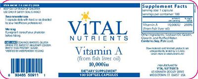Photo of the Vital Nutrients Vitamin A (from Fish Liver Oil) 10,000 IU label