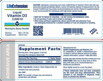 Photo of the Life Extension Liquid Vitamin D3 2,000 IU label