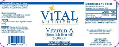 Photo of the Vital Nutrients Vitamin A (from Fish Liver Oil) 25,000 IU label