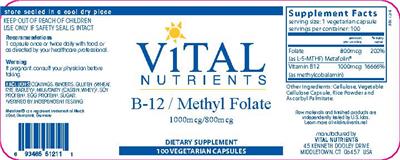 Photo of the Vital Nutrients B-12 / Methyl Folate 1000 mcg/800 mcg label
