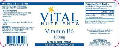 Photo of the Vital Nutrients Vitamin B6 100 mg label