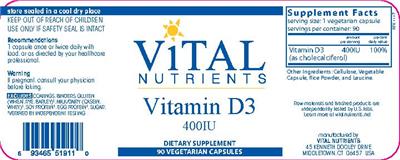 Photo of the Vital Nutrients Vitamin D3 400 IU label