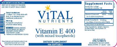 Photo of the Vital Nutrients Vitamin E 400 label