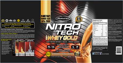 Photo of the MuscleTech Performance Series NITRO TECH 100% Whey Gold Chocolate Peanut Butter label