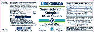 Photo of the Life Extension Super Selenium Complex 200 mcg & Vitamin E label