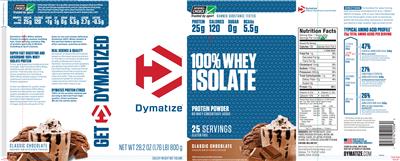 Photo of the Dymatize 100% Whey Isolate Classic Chocolate label