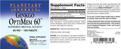 Photo of the Planetary Herbals Ginkgo OptiMem 60 60 mg label
