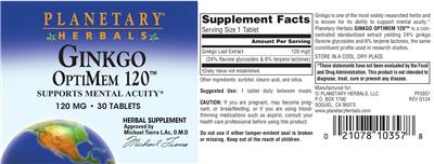 Photo of the Planetary Herbals Ginkgo OptiMem 120 120 mg label