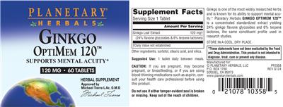 Photo of the Planetary Herbals Ginkgo OptiMem 120 120 mg label