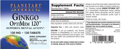 Photo of the Planetary Herbals Ginkgo OptiMem 120 120 mg label