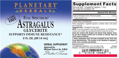 Photo of the Planetary Herbals Full Spectrum Astragalus Glycerite label