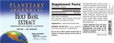 Photo of the Planetary Herbals Holy Basil Extract 450 mg label