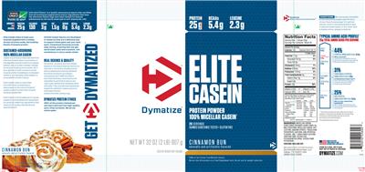 Photo of the Dymatize Elite Casein Cinnamon Bun label