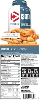Photo of the Dymatize ISO100 Hydrolyzed Peanut Butter label