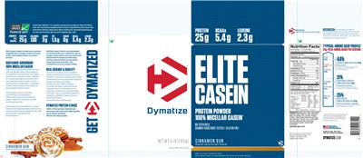 Photo of the Dymatize Elite Casein Cinnamon Bun label