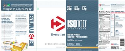 Photo of the Dymatize ISO100 Hydrolyzed Birthday Cake label