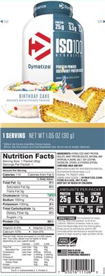 Photo of the Dymatize ISO100 Hydrolyzed Birthday Cake label