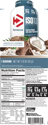 Photo of the Dymatize ISO100 Hydrolyzed Chocolate Coconut label