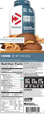 Photo of the Dymatize ISO100 Hydrolyzed Chocolate Peanut Butter label