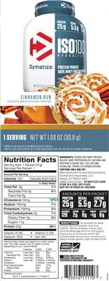 Photo of the Dymatize ISO100 Hydrolyzed Cinnamon Bun label